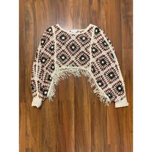 House of Harlow 1960 Crochet Brown & Red Granny Square Hippie Shawl, OS